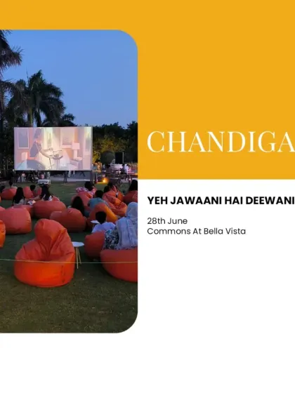 There's nothing quite like watching a Bollywood favorite like Yeh Jawaani Hai Deewani on a sprawling lawn at dusk. This is our classic open-air setup in Chandigarh, complete with comfy bean bags and that perfect pre-movie twilight glow.