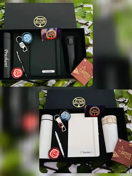 I offer Diwali hampers in both black and white themes. These sets include a personalized temperature bottle, diary, mug, pen, and keychain, making them a great corporate gift.