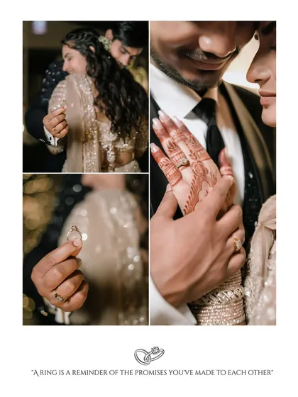 A detailed collage focusing on the ring exchange and the couple's hands, telling the story of their commitment in a visually rich way.
