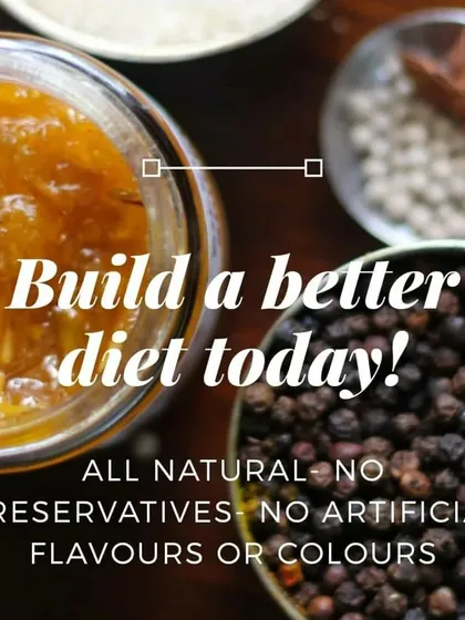 A close-up of our commitment to natural food. The image shows fresh spices and our pickle, representing our promise of a healthy, preservative-free diet.