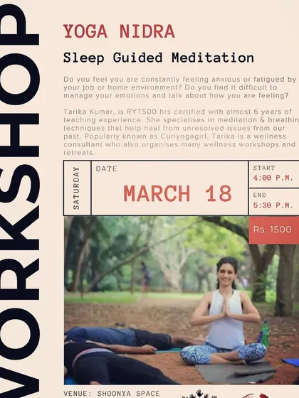 My Yoga Nidra workshops are designed for deep, guided relaxation. If you feel anxious or fatigued, this sleep based meditation can help you manage emotions and find mental stillness. It's believed that 20 minutes of Yoga Nidra can feel like two hours of deep sleep.