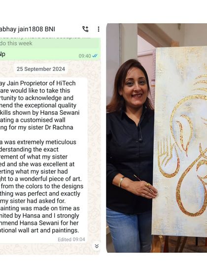 It is always fulfilling to receive such kind words. This client testimonial praises the meticulous process of creating a custom Ganesha painting for their sister, highlighting how I translated their vision into a perfect piece of art, delivered on time as promised.