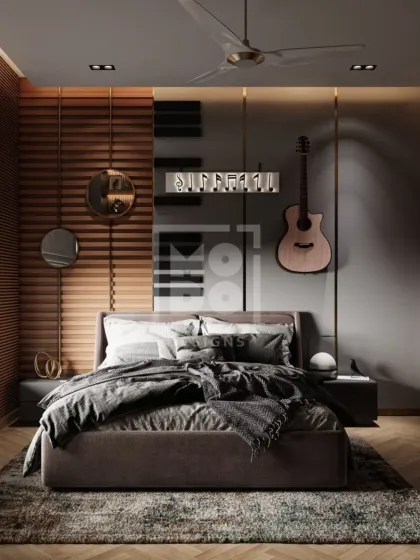 This room was thoughtfully designed for a music lover. The guitar on the wall and the musical note decor create a personalized space that fuels inspiration and creativity.