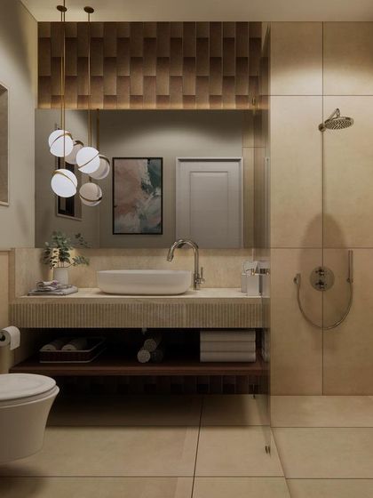 A bathroom concept with a warm, earthy palette. The design features textured tiles behind the mirror and in the shower, creating a subtle pattern and a spa-like feel.
