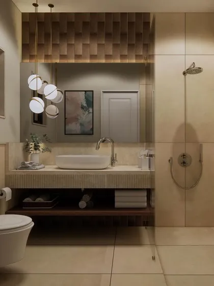 A clean and contemporary bathroom design using textured beige tiles and a floating vanity to create a space that feels both modern and warm.