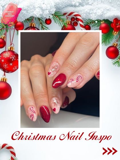 More Christmas nail inspiration for you. This festive design features candy cane stripes and heart details on a glittery red and pink base.
