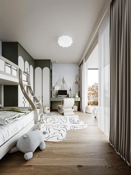 This kids' bedroom features a bunk bed and a long desk, perfect for siblings. The render showcases a space-efficient layout with a playful, modern aesthetic.