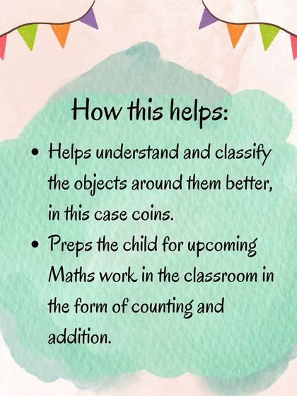 This graphic explains how coin sorting helps children understand and classify objects, preparing them for upcoming math concepts in the classroom.