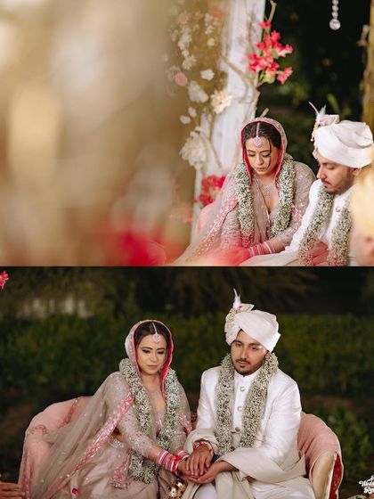 A split image showing the couple during their pheras and seated for the rituals, telling the story of their ceremony.