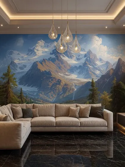 A majestic snow-covered mountain range under a blue sky. This wallpaper creates a powerful and awe-inspiring feature wall.
