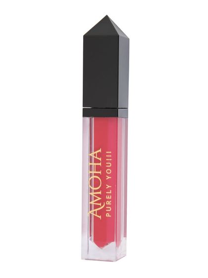 A single tube of red 'Amoha' lipstick on a white background.
