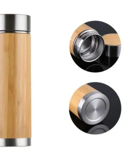 Our bamboo thermos flask is designed for a sustainable lifestyle on the go. The detailed view highlights the food-grade stainless steel interior and infuser, perfect for keeping drinks hot or cold for hours, all wrapped in a sleek, natural bamboo exterior.