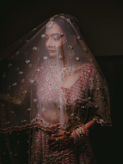 A full-length portrait of the bride under her veil, with dramatic lighting creating a sense of intimacy and anticipation.