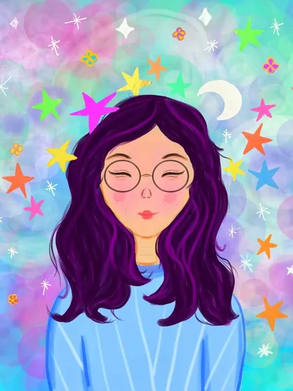 A slightly brighter version of my dreamy girl illustration. The vibrant pastel colors and sparkling stars represent the beautiful universe that exists within our minds.