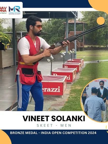 Celebrating our shooter Vineet Solanki, who won the Bronze Medal in the Skeet Men category at the India Open Shooting Championship, demonstrating his skill and our academy's effective training.