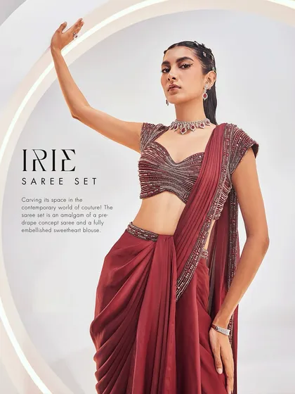 The IRIE Saree Set, adorned with beautiful embellishments and exquisite textiles, carving its space in the contemporary world of couture.