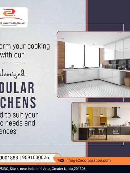 We tailor every kitchen to our client's specific needs. This graphic shows two different customized modular kitchen concepts, one in a minimalist white and wood finish and another in a more contemporary dark and light combination.