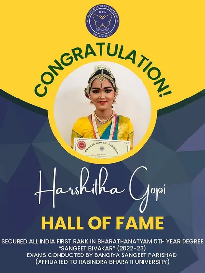 We are immensely proud to celebrate our student, Harshitha Gopi, who secured the All India First Rank in her 5th Year Bharatanatyam Degree exams. Her achievement is a reflection of her dedication and the high standard of training we provide.