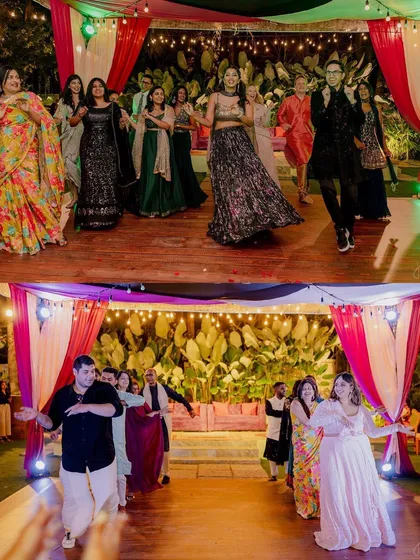 The perfect setting for a pre-wedding cocktail party or sangeet night. The lawn provides ample space for a dance floor, while the surrounding trees, lit with elegant chandeliers and string lights, create a festive and celebratory atmosphere.