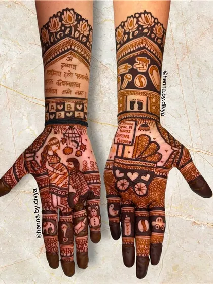 This design tells a story of love and anticipation. It features a portrait of the expecting couple, along with baby toys, a Sanskrit shloka for blessings, and other personal touches.