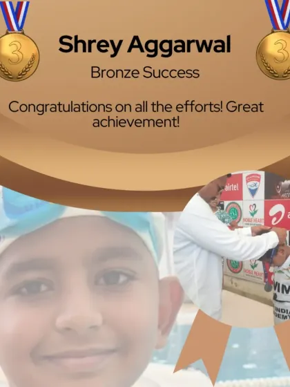 Young Shrey Aggarwal with his bronze medal in the 50m Breaststroke. He remained calm and competitive throughout the race.