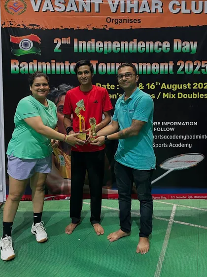 A Group Mixed Doubles winners, Harsh and Bharathi, after a powerful performance in the finals.