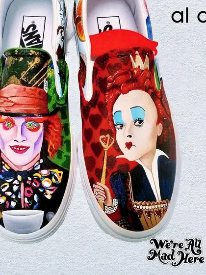 These "Alice in Wonderland" themed Vans are a perfect example of how I bring characters to life on footwear. One shoe features the Mad Hatter and the other the Queen of Hearts, both painted with intricate detail and vibrant, durable colors.