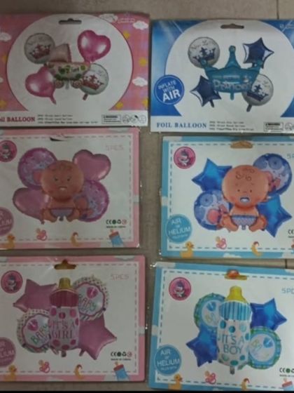 Here are some of the foil balloon sets I offer for baby showers and gender reveals. The packs include multiple balloons in different shapes and sizes to create a full look.