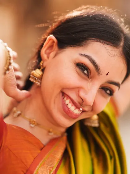 A joyful, smiling close-up that embodies the feeling of śṛṅgāra. My ability to switch between a wide range of emotions allows me to fit the specific mood a brand wants to create.
