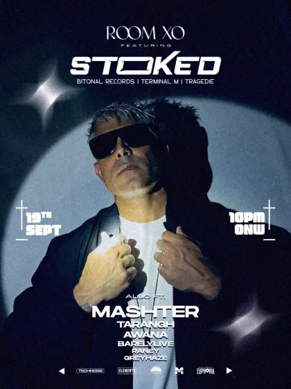 An alternate version of the poster for the Stoked event at Room XO, featuring a different artist from the lineup.