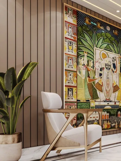 A detail shot of a lounge, where the focus is on the juxtaposition of a modern armchair against a traditional Pichwai artwork. This render highlights cultural richness within a contemporary setting.