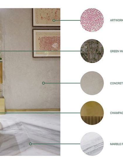 The material palette for the entrance of 'The Reserved Lounges'. This board specifies the finishes, including the concrete wall, champagne gold metal for the desk, and the marble floor, ensuring a cohesive design execution.