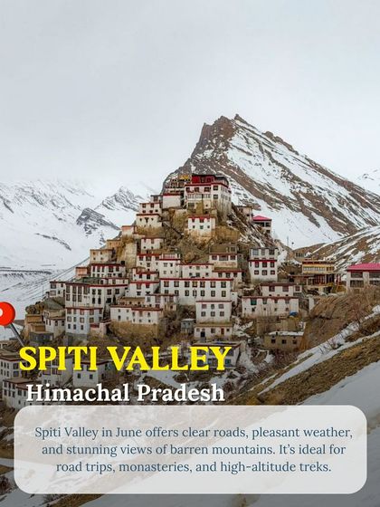 The iconic Key Monastery in Spiti Valley. In June, the roads are clear, making it the perfect time for a road trip to explore these high-altitude monasteries and barren mountains.