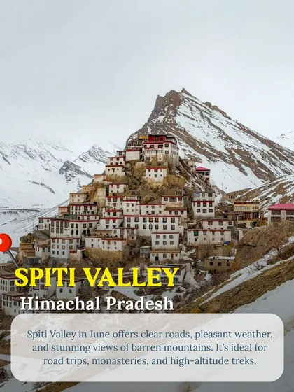 The iconic Key Monastery in Spiti Valley. In June, the roads are clear, making it the perfect time for a road trip to explore these high-altitude monasteries and barren mountains.