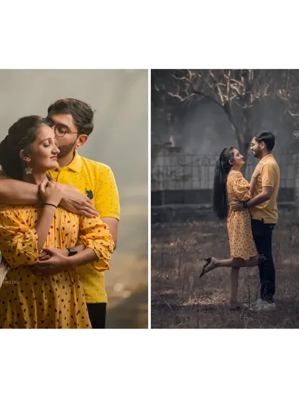 A diptych showing the couple's chemistry. The left image is a tender embrace, while the right shows a more playful, full-length pose.