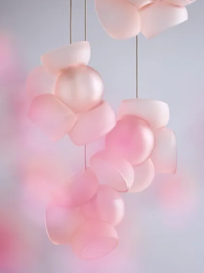 A dreamy, soft-focus shot of the pink Bocci 100 pendants, emphasizing their cloud-like appearance and gentle glow.