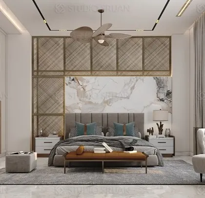 I believe a bedroom should be a personal sanctuary. This master suite combines soft textures, a neutral color palette, and custom design elements like the latticed headboard and integrated seating nook to create a space that is both luxurious and deeply comfortable.