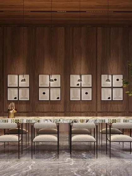 A render of a dining area for a new luxury home. The design features a dramatic marble floor, a full wall of wood panelling, and a stunning quartzite dining table, creating a sophisticated and moody atmosphere for entertaining.