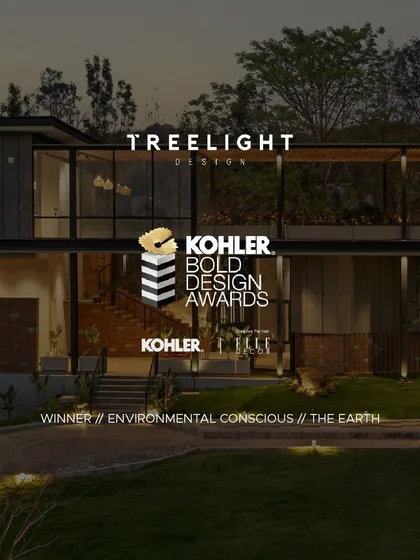 Another celebratory graphic for our Kohler Bold Design Award win for 'The Earth'. This image highlights the building's two-story structure and its extensive use of glass to connect with the landscape.