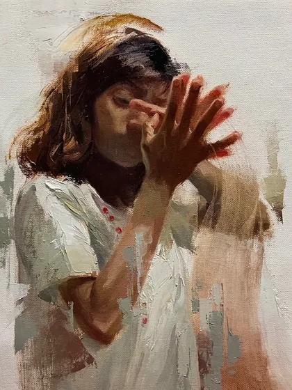 This oil painting, which received the Maharashtra State Art Award, captures a moment of self-conversation. The hands partially obscure the face, suggesting an internal dialogue and the complexities of youthful emotion.