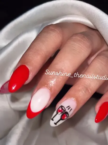 A fun "cheers to the weekend" set with red nails and hand-painted wine glasses.