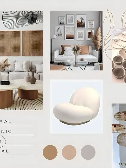 This moodboard explores the concept of "Elegance in Simplicity." It focuses on a minimal, warm, and organic aesthetic, using a soft color palette and natural materials to create spaces that feel calm, uncluttered, and sophisticated.