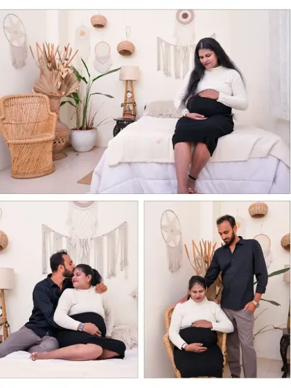 A collage showcasing different angles and poses from a Boho-themed session. It includes solo portraits of the mom-to-be and intimate shots with her partner, giving a full picture of the session's variety.