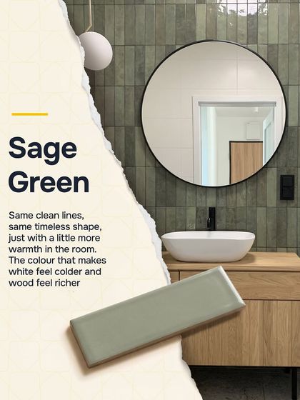 This sage green subway tile has the same clean lines as the classic, but with a little more warmth. The color makes white fixtures feel colder and wood tones feel richer, adding a modern touch to the timeless shape.