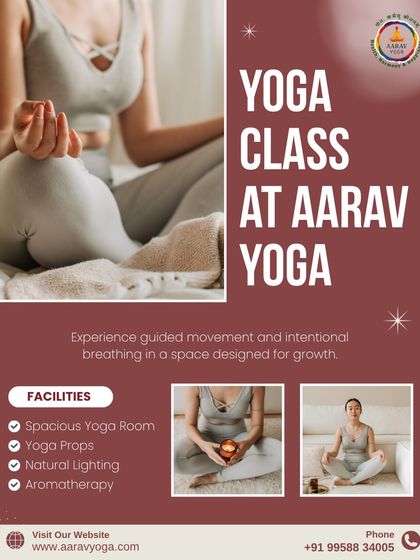 Our studio is designed for growth, featuring a spacious yoga room, natural lighting, and aromatherapy. This visual highlights the facilities that make our space a sanctuary for your practice.