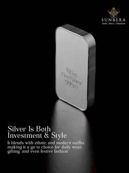 Silver is both an investment and a style statement. This image features a 100g fine silver bar with 999.0 purity, representing the high quality raw material that forms the basis of all our silver products, from idols to jewellery.