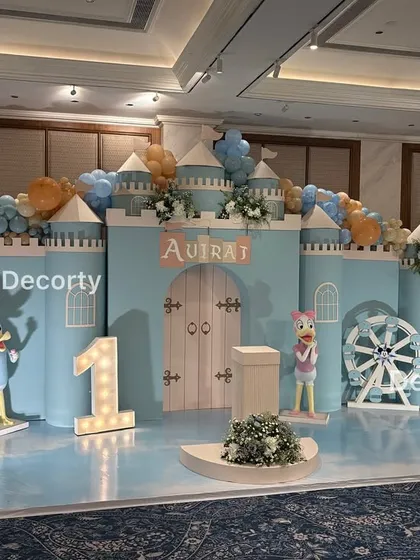 The complete castle stage with all character cutouts in place, creating a perfect photo opportunity for the birthday family.