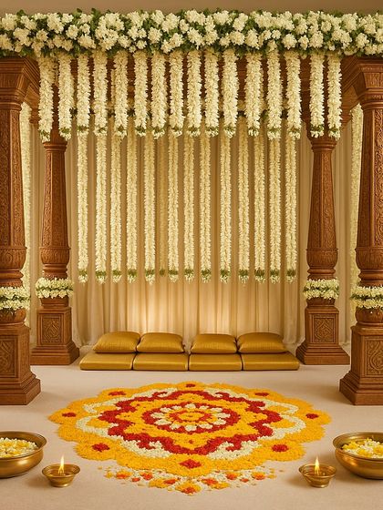 A beautiful South Indian mandap with a colorful floral rangoli on the floor, adding another layer of traditional artistry to the sacred space.