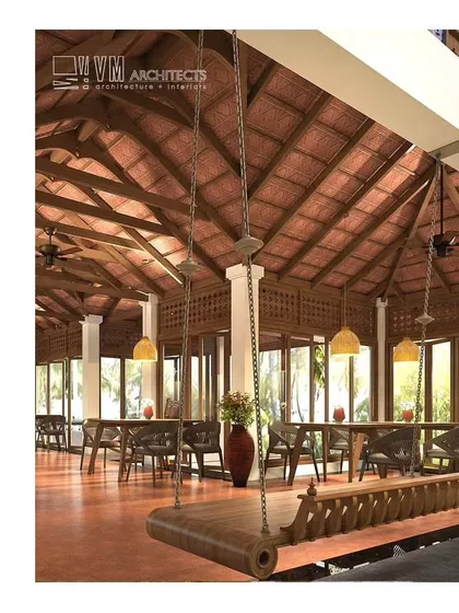 For the Sitaram Ayurvedic Resort in Natika, I designed this common area to feel both expansive and intimate. The design uses a traditional timber-framed roof with terracotta tiles, a central wooden swing (oonjal), and an open layout to create a serene, welcoming space that reflects the principles of Ayurveda and Keralan heritage.