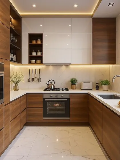 This U-shaped modular kitchen combines warm wood-finish cabinets with sleek white overheads for a timeless look. The design maximizes functionality with integrated ovens, under-cabinet lighting for task areas, and a clean white countertop, all set against a marble-patterned tile floor.